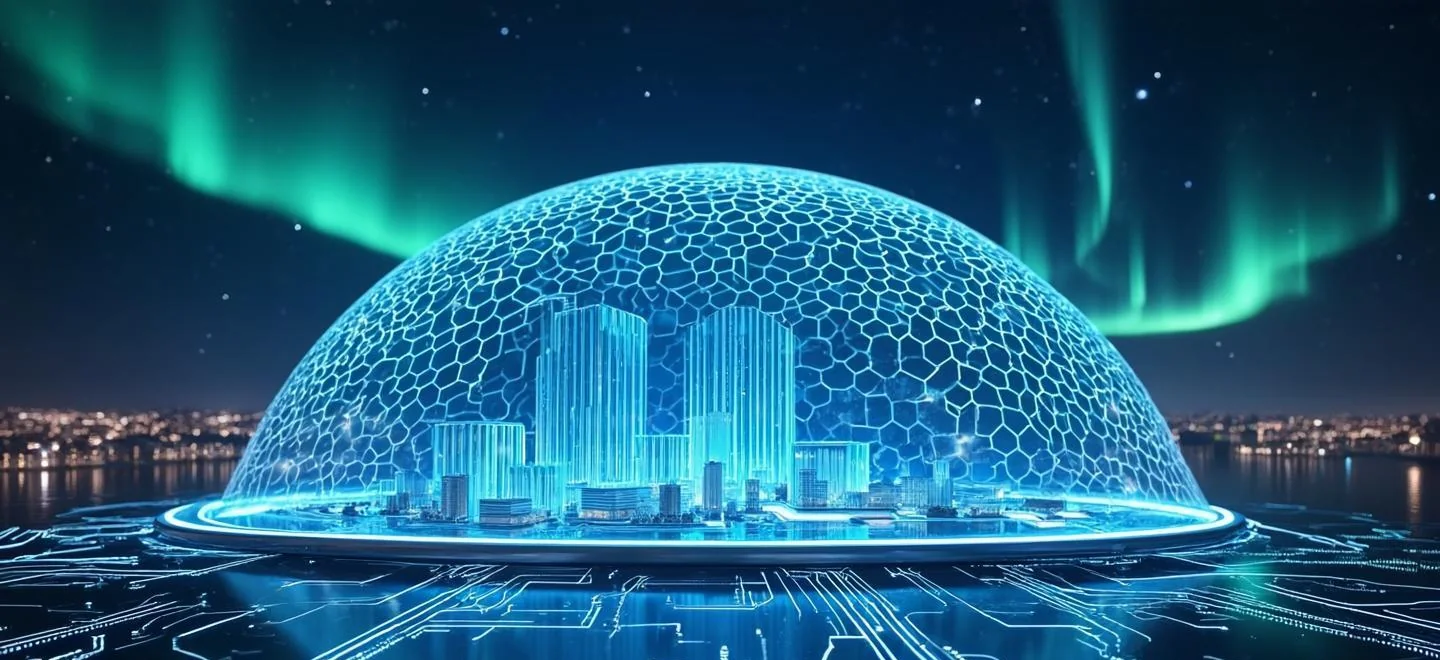 企业主权 AI 概念效果图：发光的数据穹顶笼罩企业园区，穹顶之内是六边形矩阵 AI 核心、私有云机房、知识库与智能体，重要资产不出内网